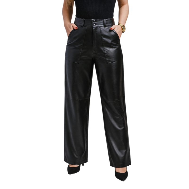 Calça Wide Leg Couro OMK Pantalona com bolsos na frente REF 333