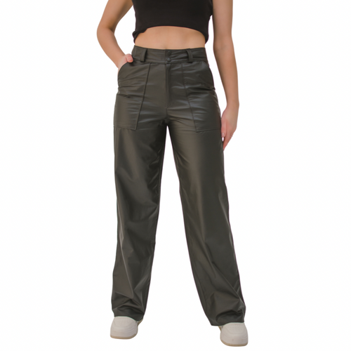 Calça Wide Leg Couro OMK Pantalona com bolsos na frente REF 333