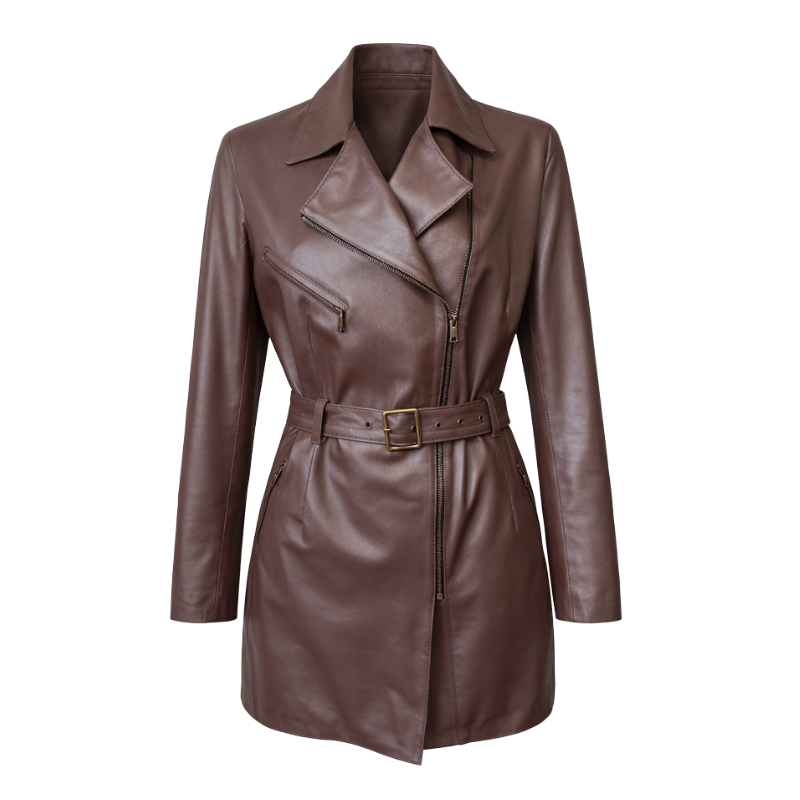 Trench Coat em Couro Feminino Marrom Ref.531