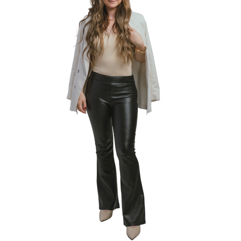 Calça Flare em Couro com Tecido Ref 404