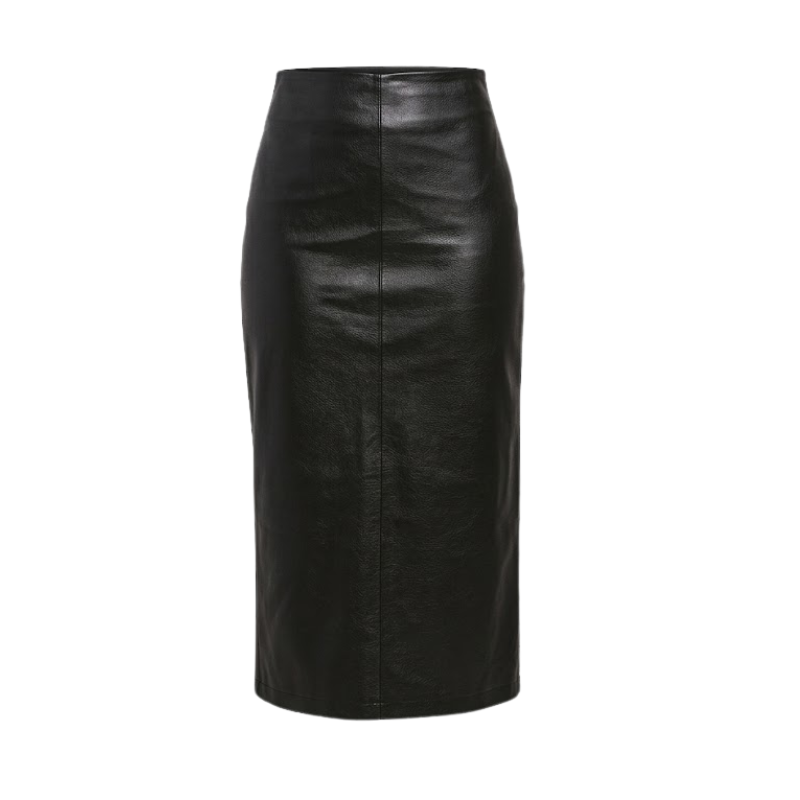Saia Midi Reta Midi em Couro Feminina Preta