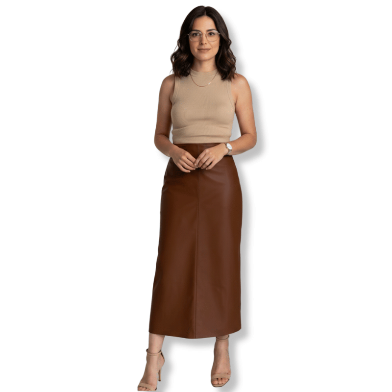 Saia Midi Reta Midi em Couro Feminina Preta