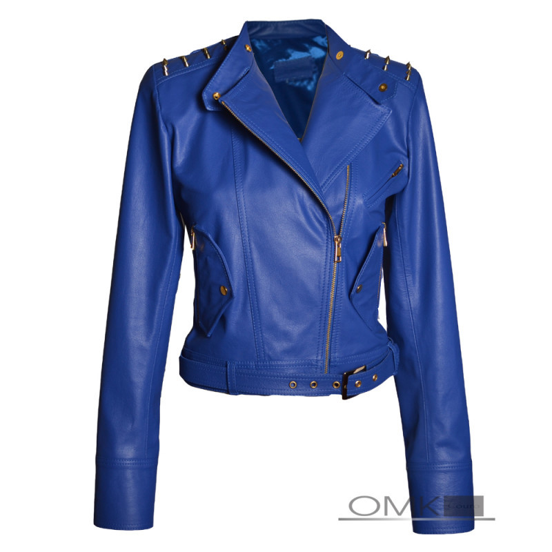 jaqueta de couro azul feminina